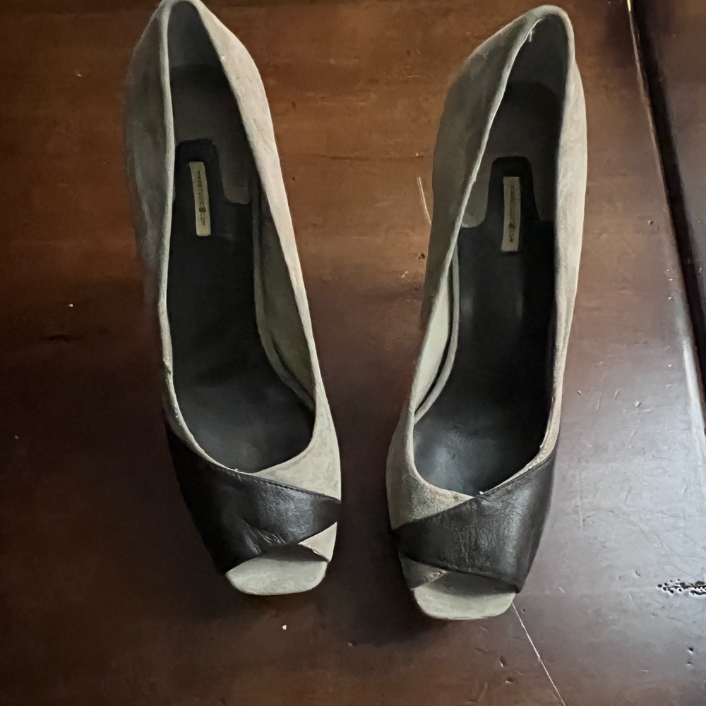 Suede with brown leather open toe heals.